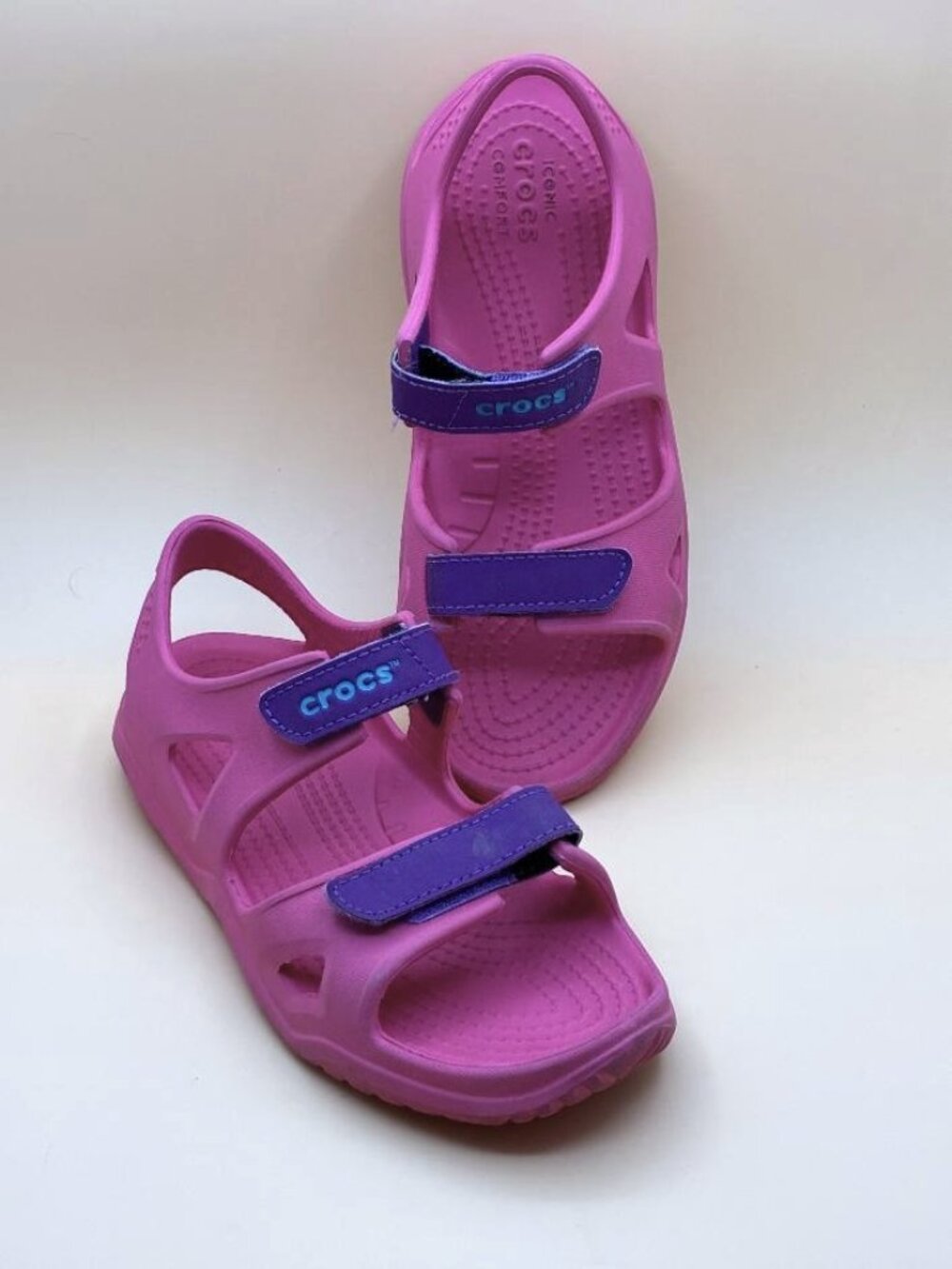 Crocs Size J2 Swiftwater River PINK and PURPLE Slip On Comfort Hook Loop